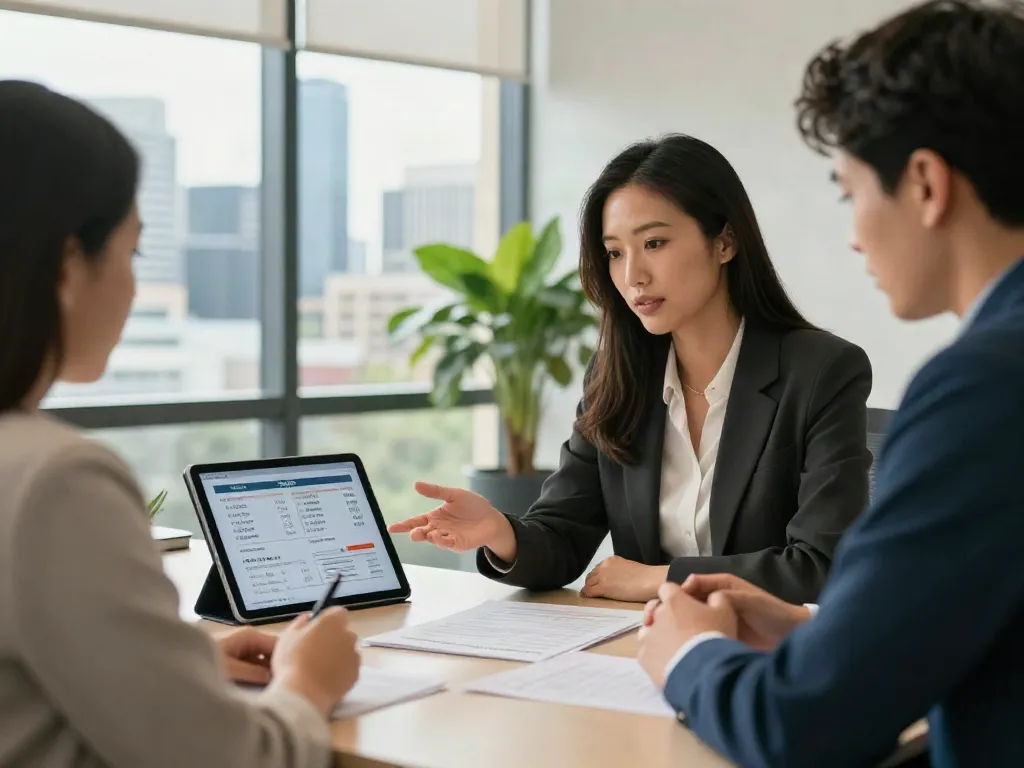 Finance Broker in Brisbane meeting with a client over loan options in a modern office.