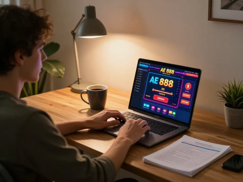 Person engaging with AE 888 online casino interface in a cozy home office, emphasizing strategic play.