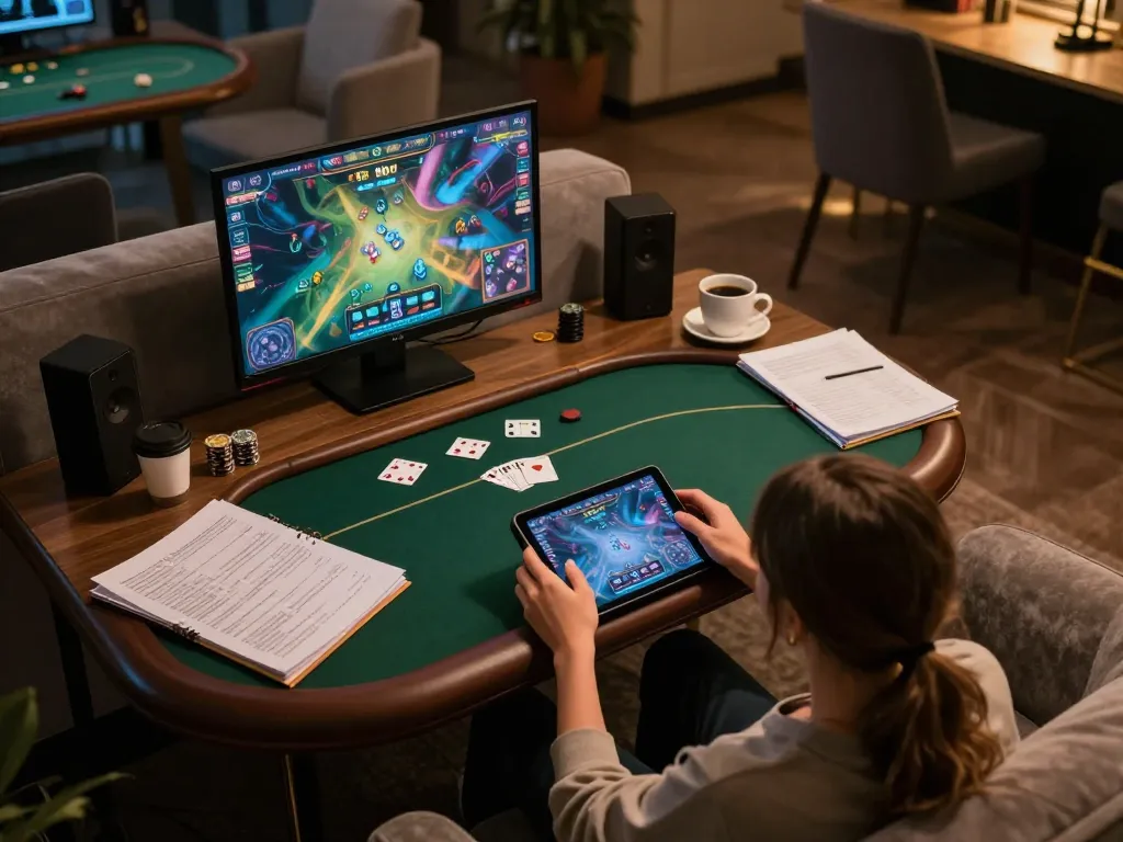 Permainan poker online yang menarik di tablet selama sesi santai di rumah pada platform aneka4d