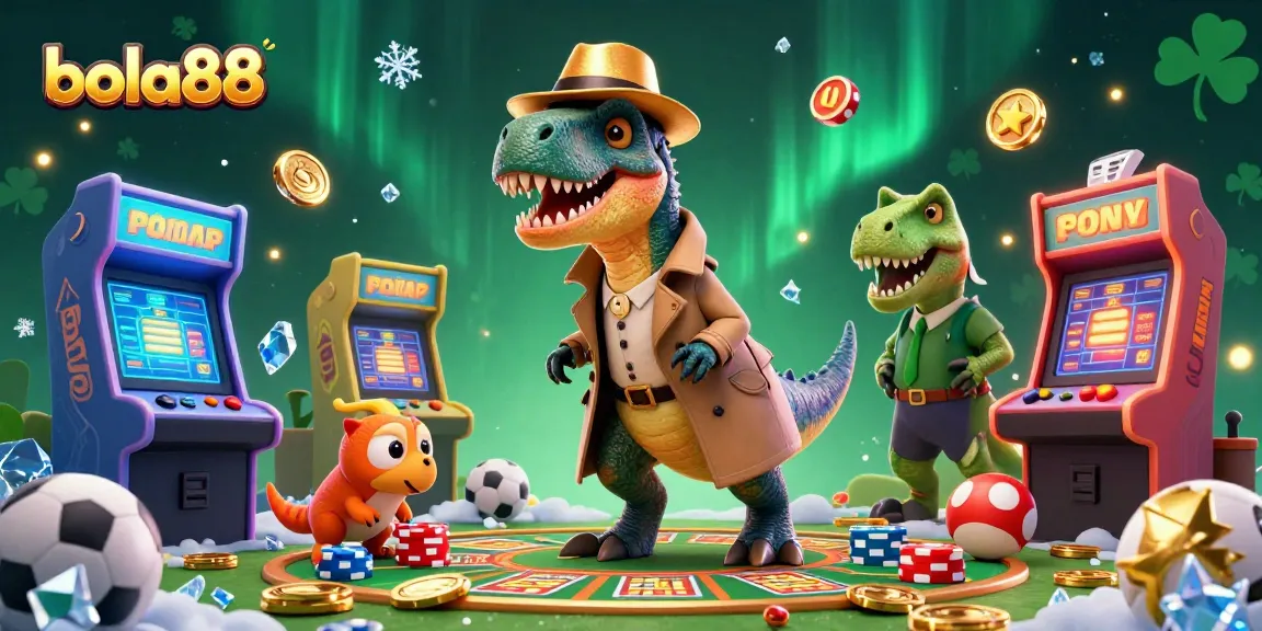 Join the action with BOLA88 as a velociraptor bets at a sports terminal amid colorful game elements.