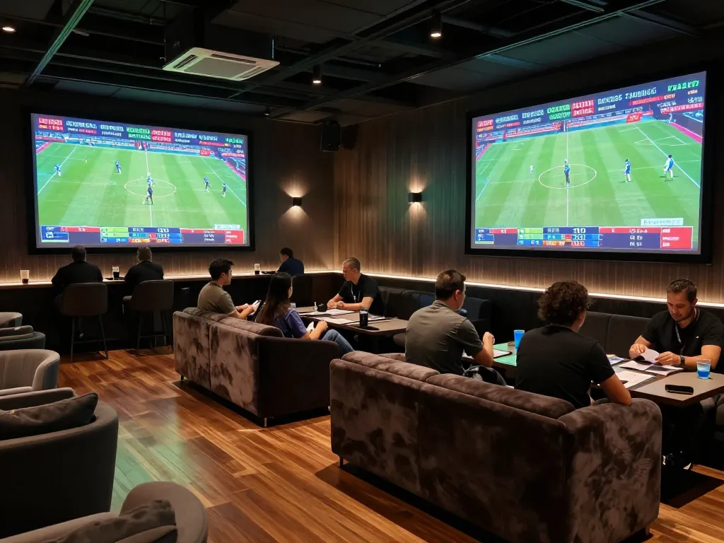 79king bettors analyzing odds in a sophisticated sports betting lounge