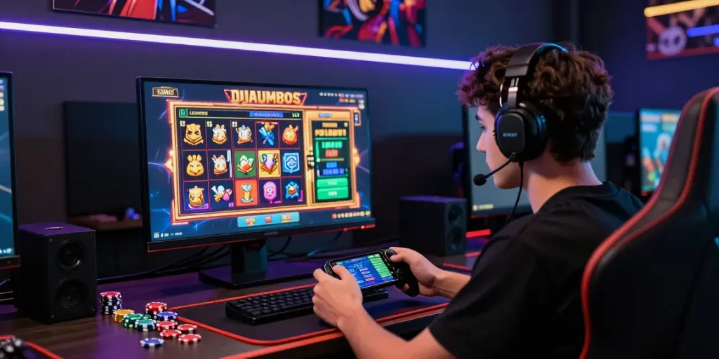 Engaged gamer exploring DJARUMBOS LINK ALTERNATIF in a vibrant gaming setup.
