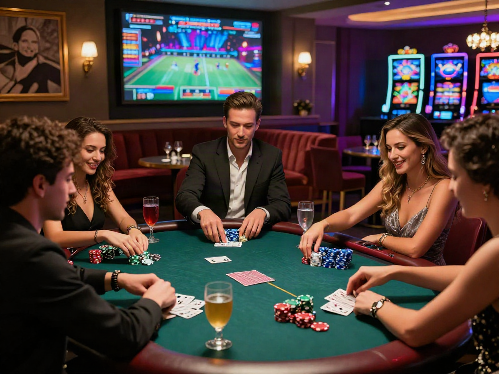 Suasana mewah kasino online dengan teman bermain poker di meja elegan luxury12
