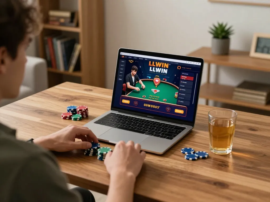 Engaged player enjoying LLWIN online casino experience on a cozy home setup.