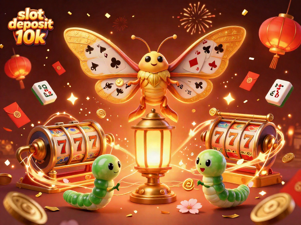 Spin to win with the vibrant scene of slot deposit 10k, featuring majestic moths and glowing casino elements.