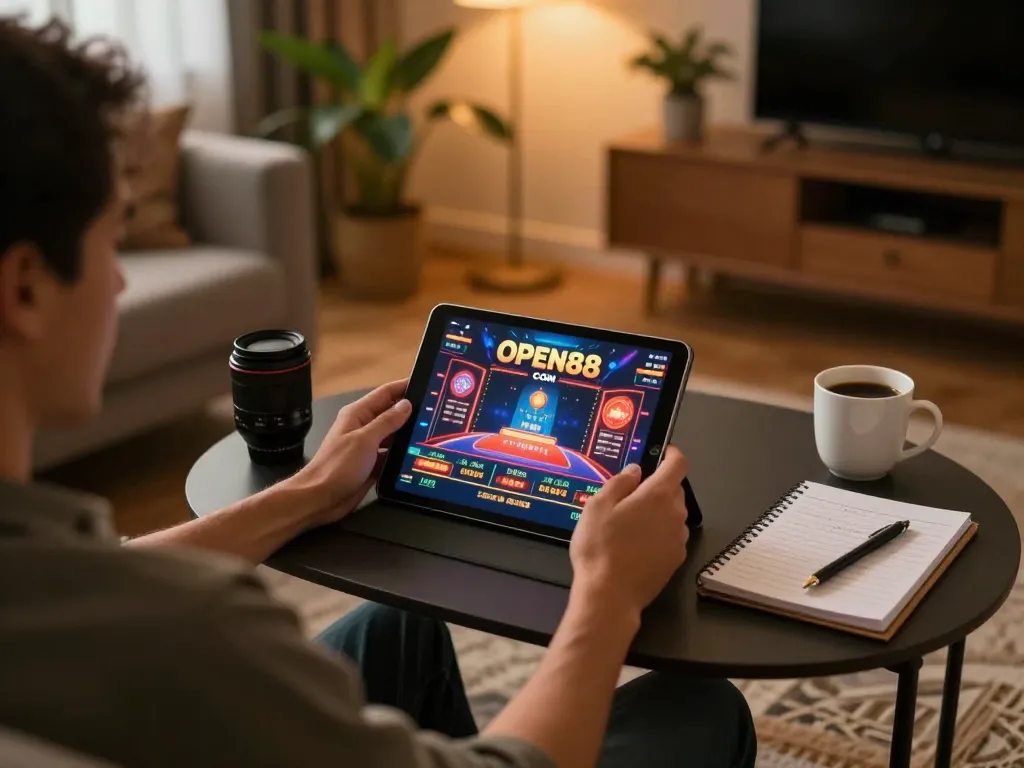 Engaged player enjoying games on OPEN88 COM via tablet in a cozy home setup