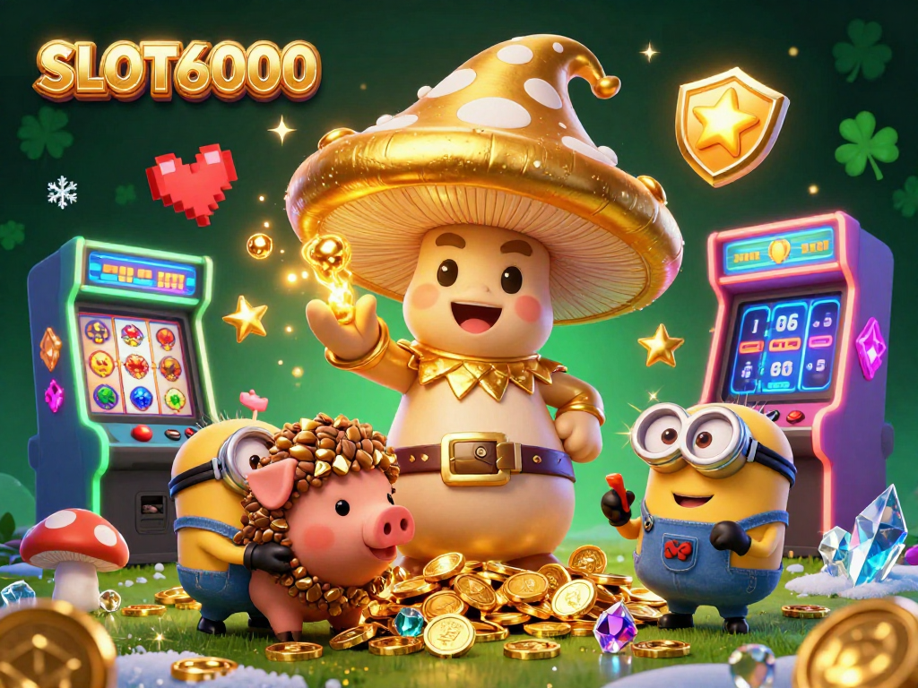 Experience the magic of SLOT6000 with a golden wizard and treasures in a vibrant gaming scene.