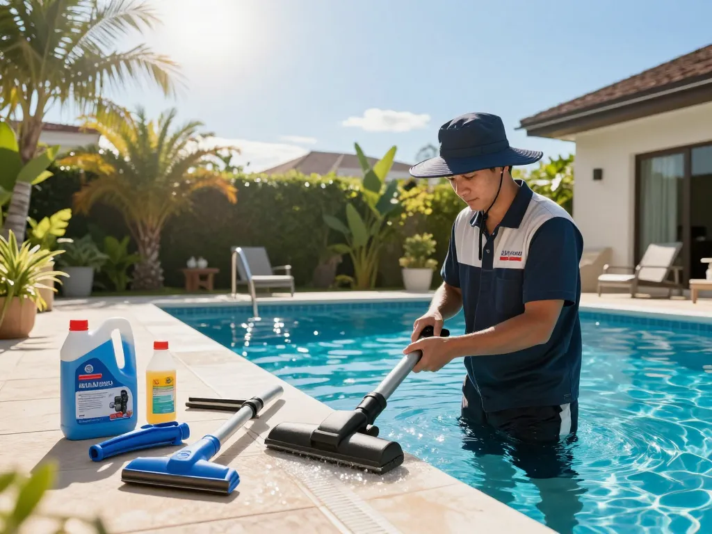 Dolphin Pool Services technician maintaining sparkling pool with equipment on sunny deck.