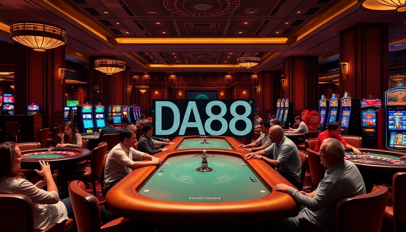 Experience the excitement of DA88 gaming in a luxurious casino atmosphere with poker and roulette.