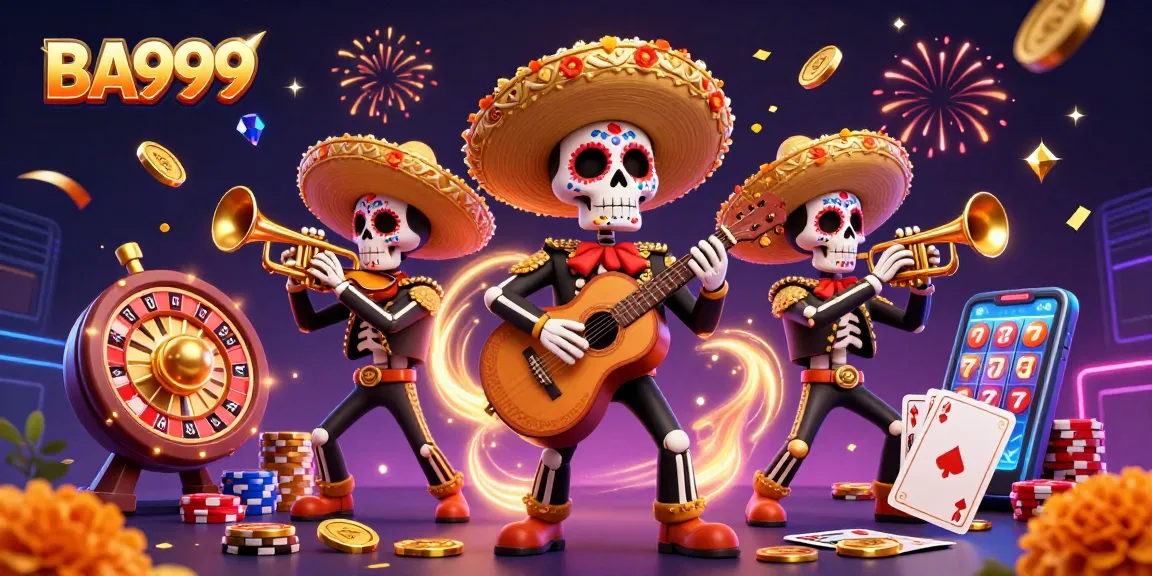 Experience thrilling gaming at BA999 with festive mariachi skeletons amid cascading coins and vibrant casino elements.