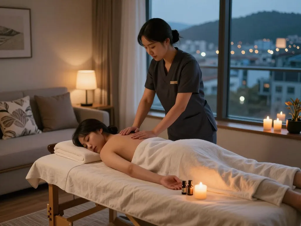 Experience 인천 출장마사지 in a tranquil hotel room with serene ambiance.