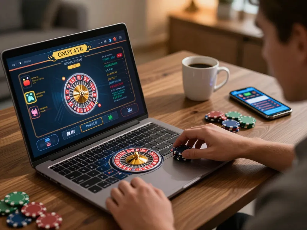 Player engaging with TG88 online casino, placing bets on a digital roulette game in a cozy home setting