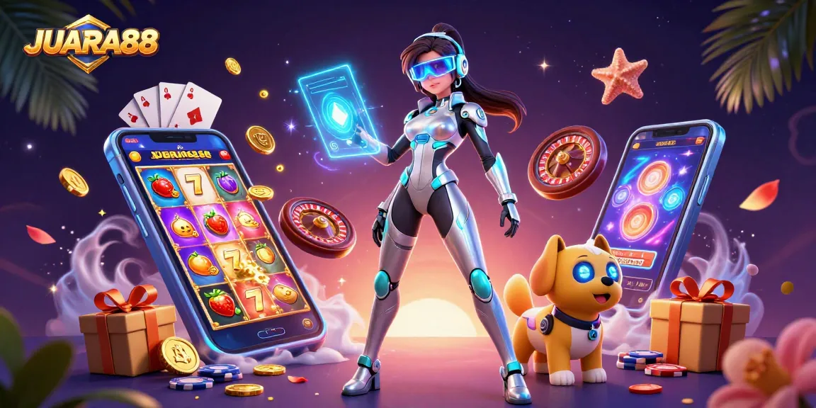 Engage with JUARA88 at a vibrant casino scene featuring dynamic slot games and holographic interfaces.
