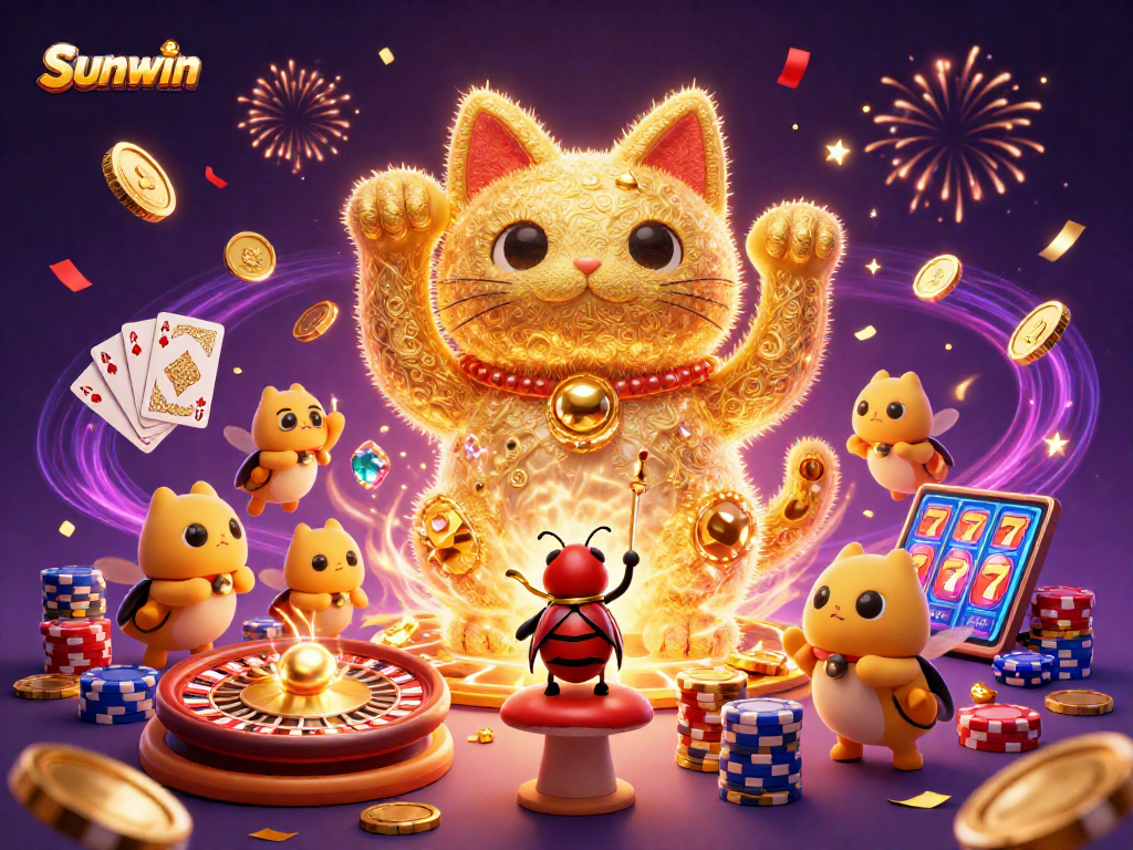 Experience exhilarating gaming at Sunwin with an enchanting lucky cat amidst vibrant casino symbols.