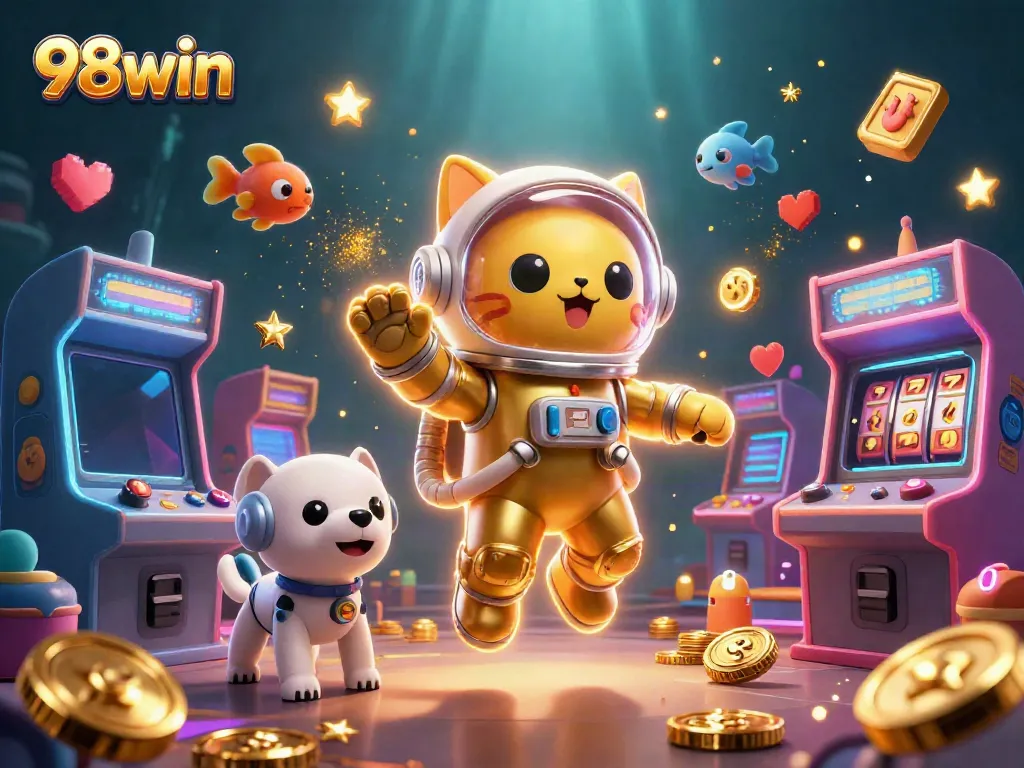 Engage in thrilling gameplay with 98win's vibrant 3D scene featuring a floating astronaut cat and interactive arcade elements.