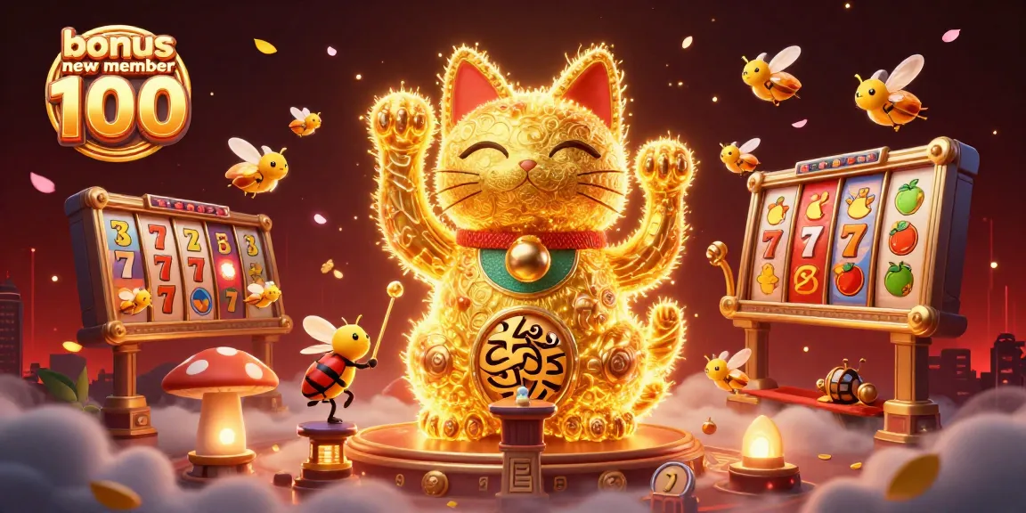 Win big with bonus new member 100 at this vibrant casino-themed illustration featuring golden lucky symbols.