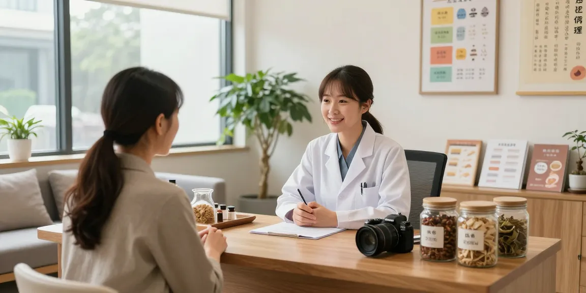 Consultation at 영통한의원 featuring a physician and patient discussing herbal treatment options in a serene wellness clinic.