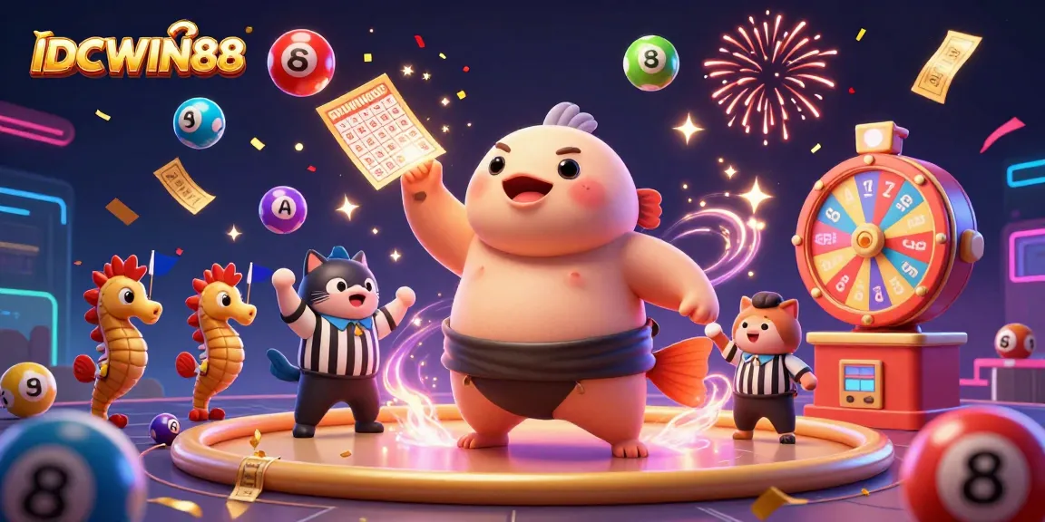 Win big at IDCWIN88 with a vibrant underwater casino featuring a blowfish champion and festive game elements.