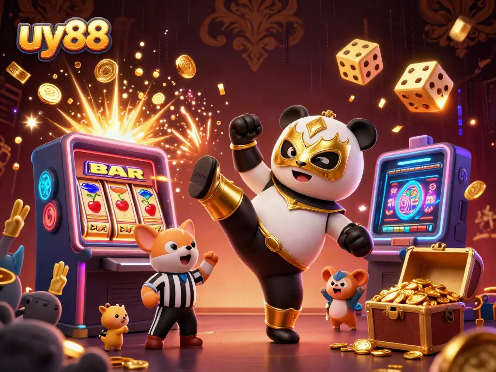Engaging scene showcasing uy88, featuring cartoon panda wrestling and vibrant casino elements.