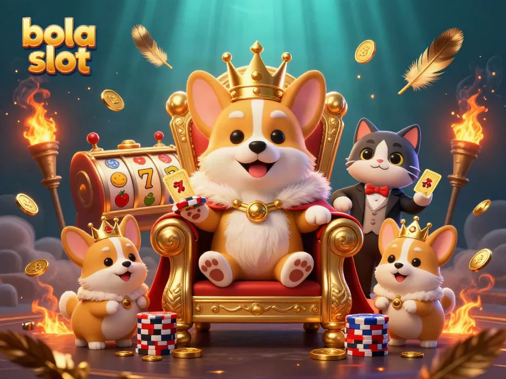 Spin the bola slot reels with a royal corgi and a cat butler in a dazzling casino scene.