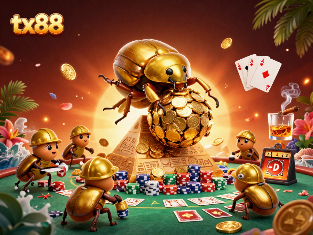 tx88 offers thrilling gaming with vibrant casino elements in a dynamic 3D scene featuring coin treasures.