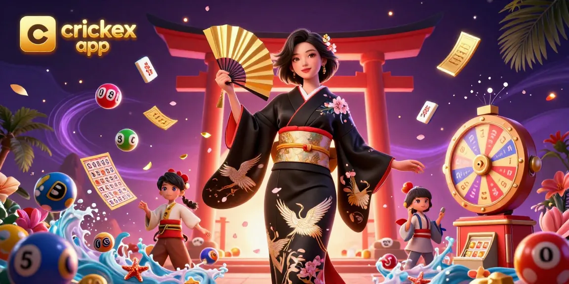 The crickex app showcases an elegant Asian woman in a traditional kimono with vibrant, dynamic casino elements around her.
