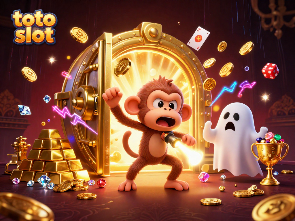 Engaging scene of toto slot featuring a playful monkey and a puppy in a lively haunted casino atmosphere.