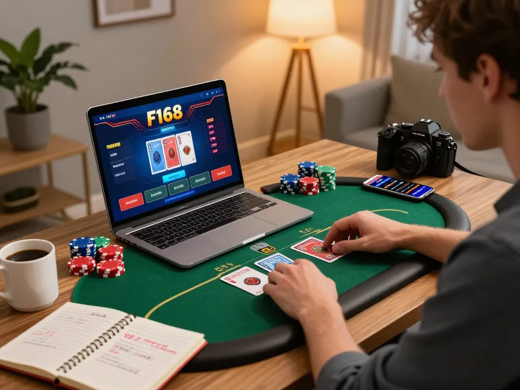 Engaged player using F168 online poker interface at a warm home gaming setup.