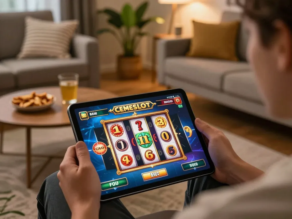 CEMESLOT gaming excitement on a tablet in a cozy living room, featuring vibrant slot reels.