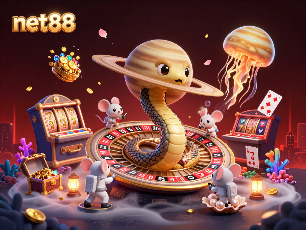 net88 illuminates a vivid casino scene with a Saturn snake roulette and betting mice.