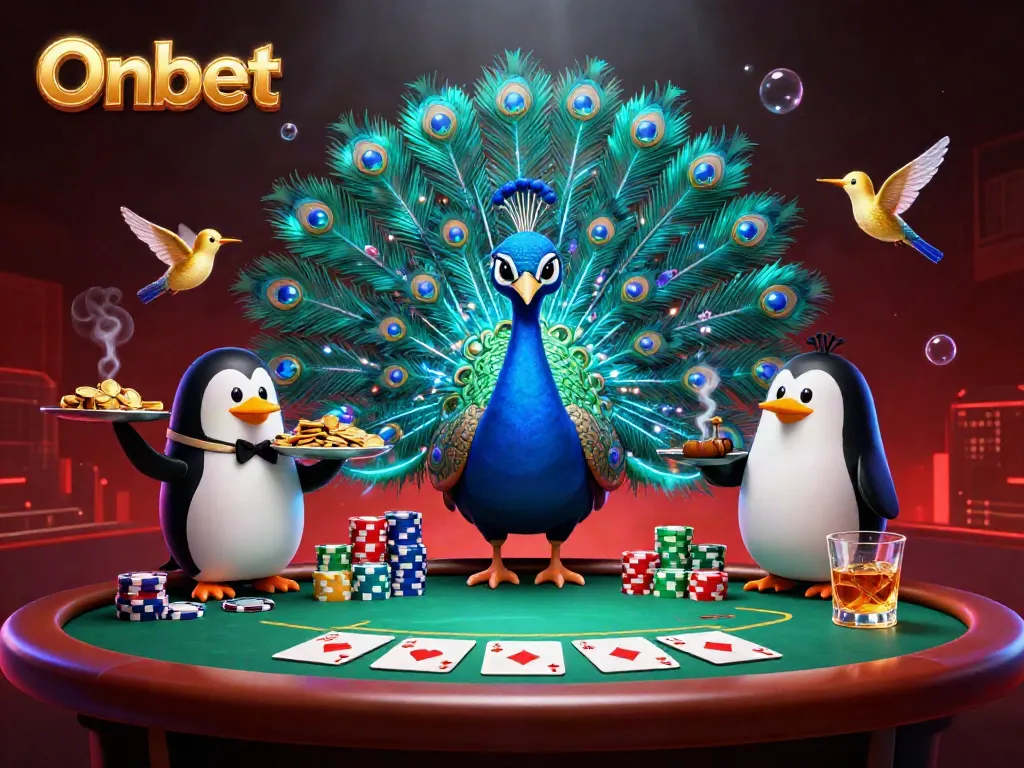 Experience the excitement of Onbet casino with a dazzling 3D scene featuring a peacock, chips, and poker elements.