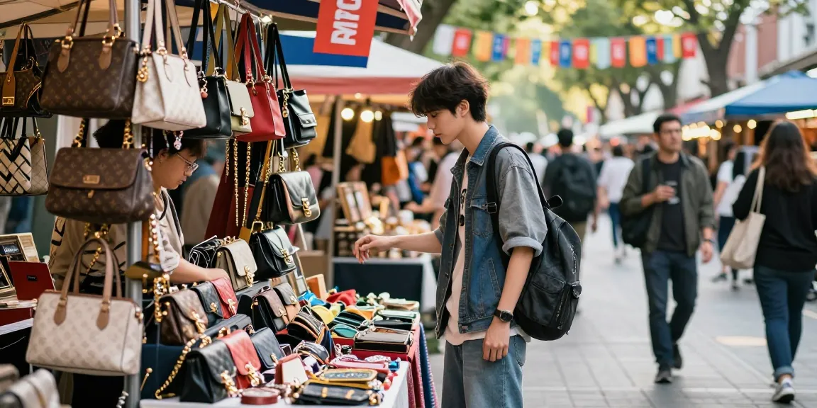 Fashion-forward individual exploring a vibrant street market with high-quality 레플리카 사이트 products, showcasing trendy handbags in bright sunlight.