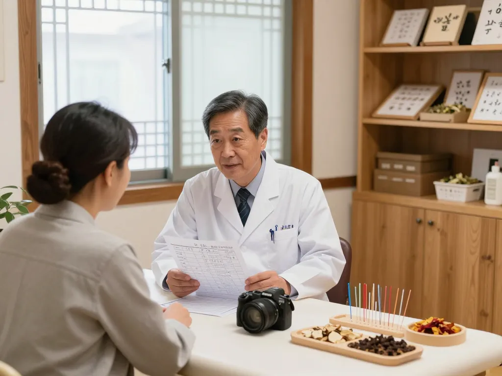 Consultation at 수원한의원, showcasing personalized acupuncture treatment in a cozy, healing environment.
