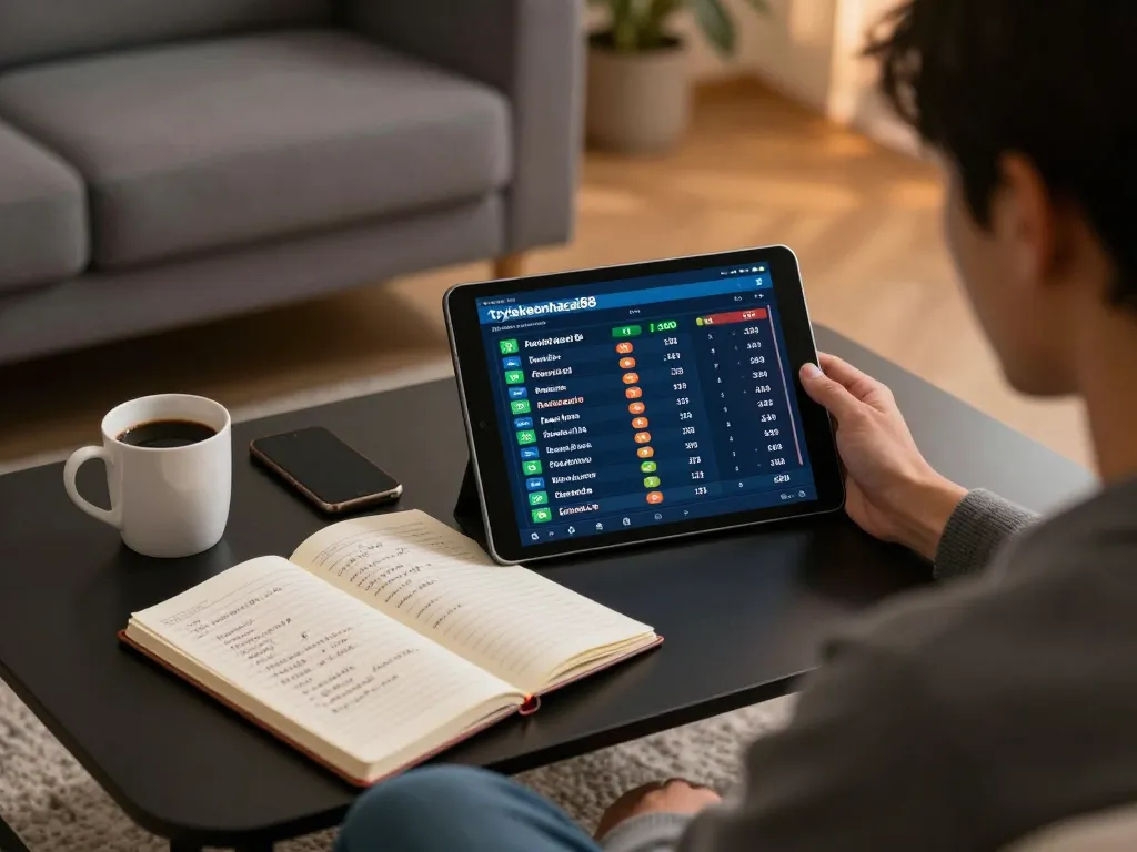 Person analyzing sports betting odds on tylekeonhacai88 app while managing bankroll in a cozy home setting.