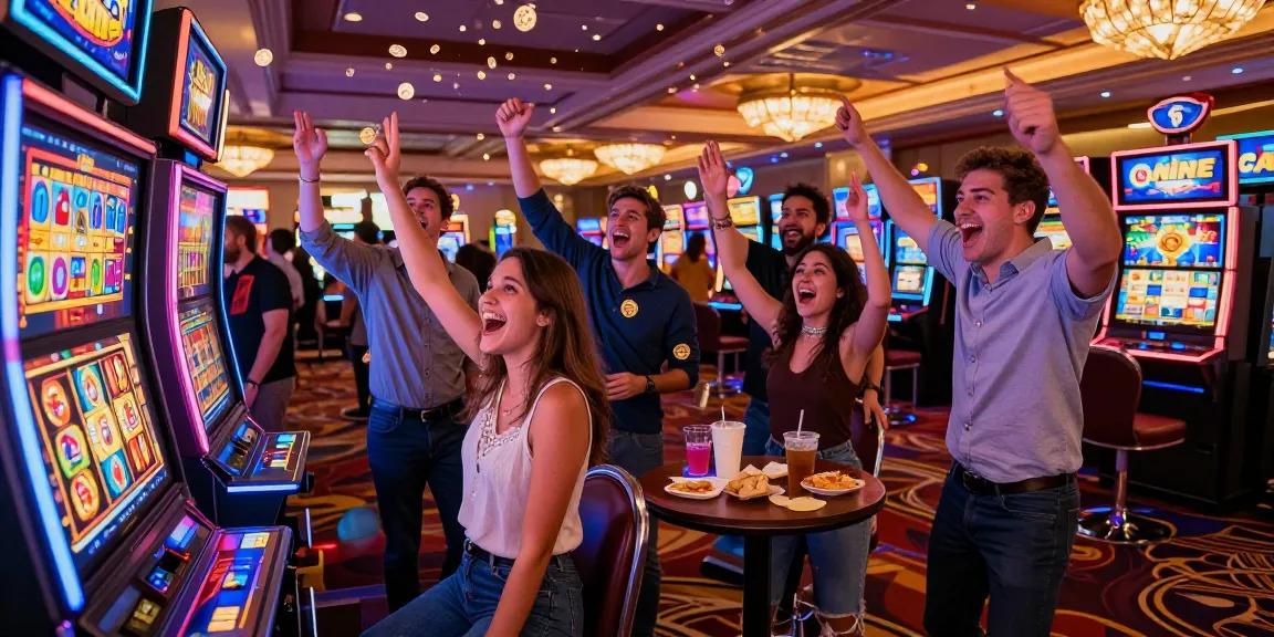 Friends celebrating a huge slot jackpot win at a colorful casino.