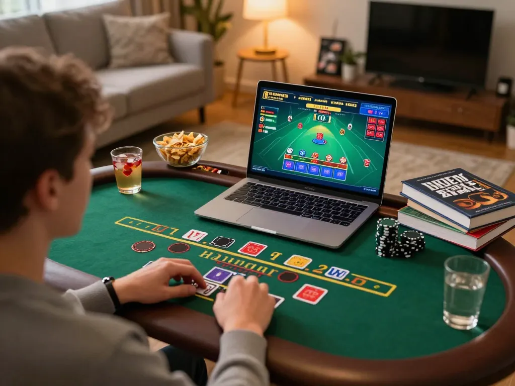 Player enjoying 98win live dealer game at home with cozy setup and strategic notes.
