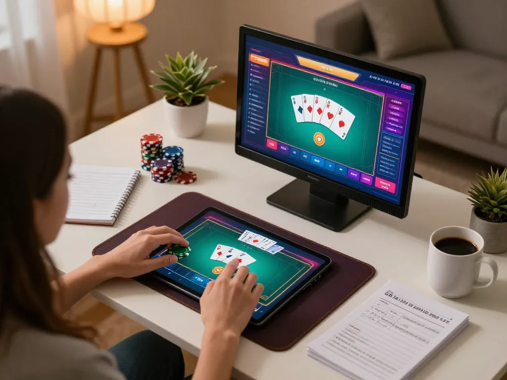 Engaging in poker strategy with RED88 tablet in a cozy home setting
