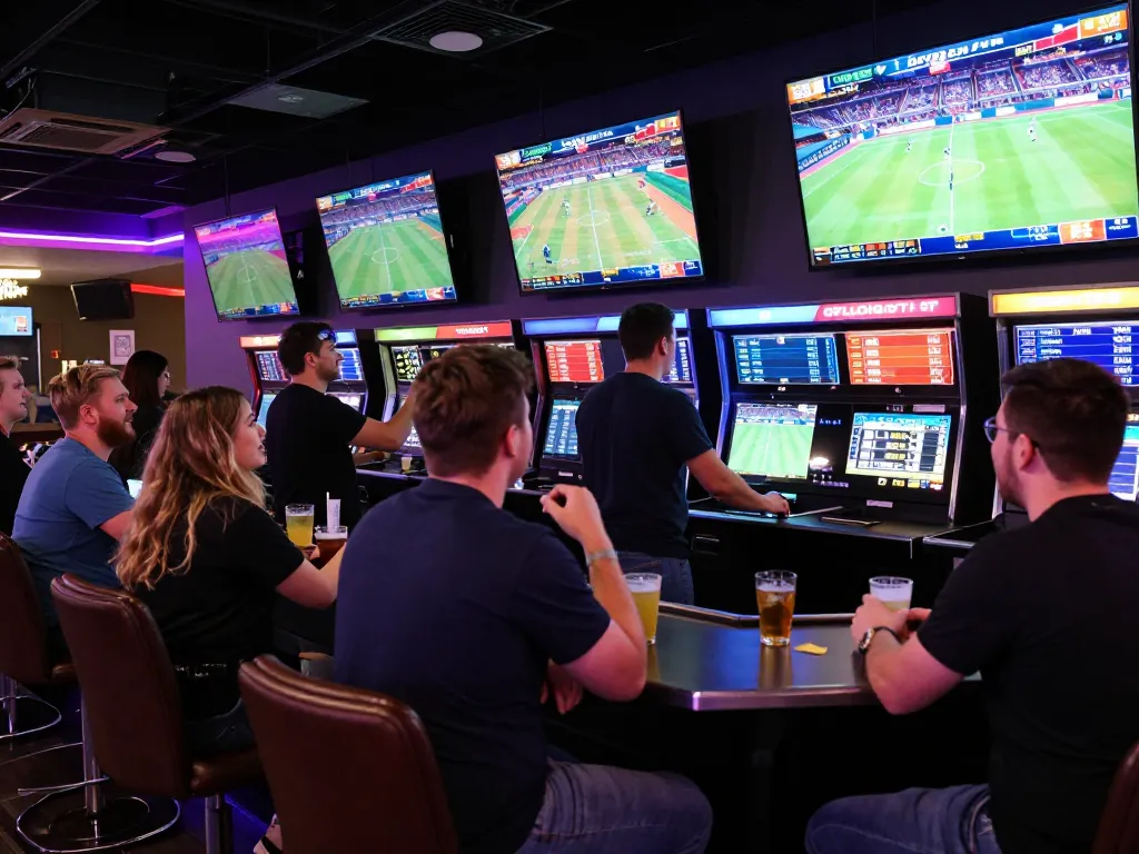 Fans placing bets at a lively sportsbook, capturing the excitement of sc88 sports betting action.