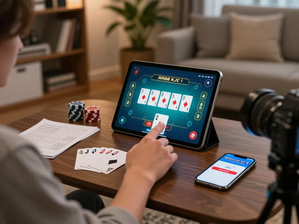 Engaging poker gameplay on RR88 KJC app displayed on tablet in a cozy home setting.