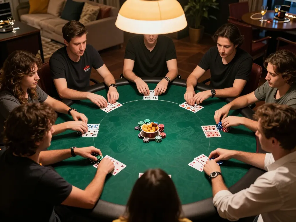 Players enjoying an intense poker game at DN88, showcasing strategic bets and chips amidst a cozy home setting.