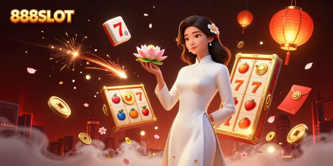 Experience the excitement of 888SLOT with vibrant slot reels and stunning casino elements in a dynamic scene.
