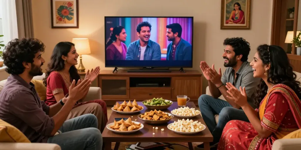 Aagmaal viewing experience with friends enjoying Indian web series and snacks in a cozy setting.