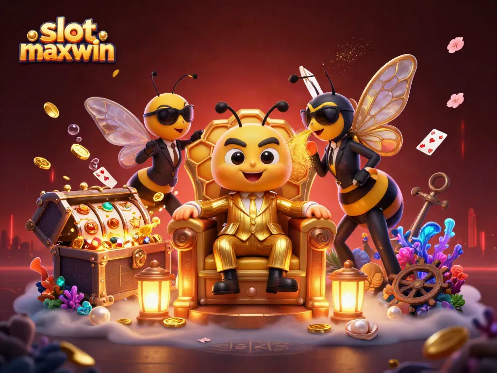 Engage with slot maxwin in a vibrant 3D illustration of the bumblebee mob boss and treasures.
