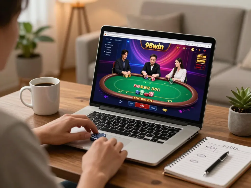 Engaging in online poker on 98win with a laptop, showcasing vibrant gambling graphics.