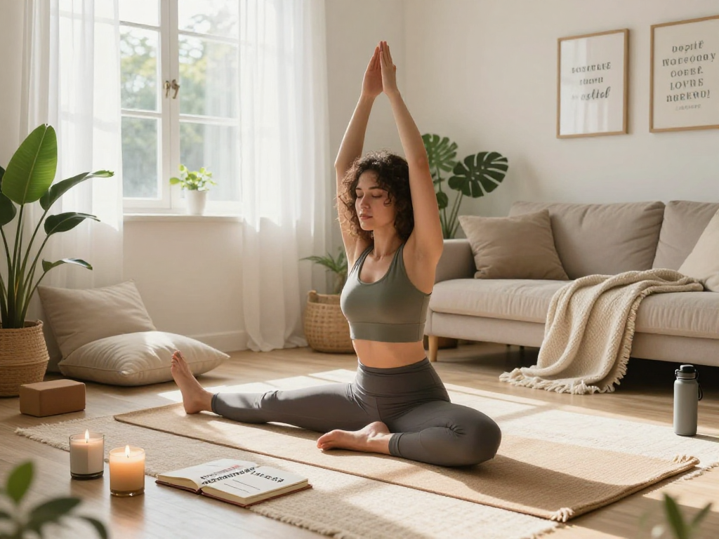 Young woman practicing yoga at home, embracing mantra88 for wellness and mindfulness.