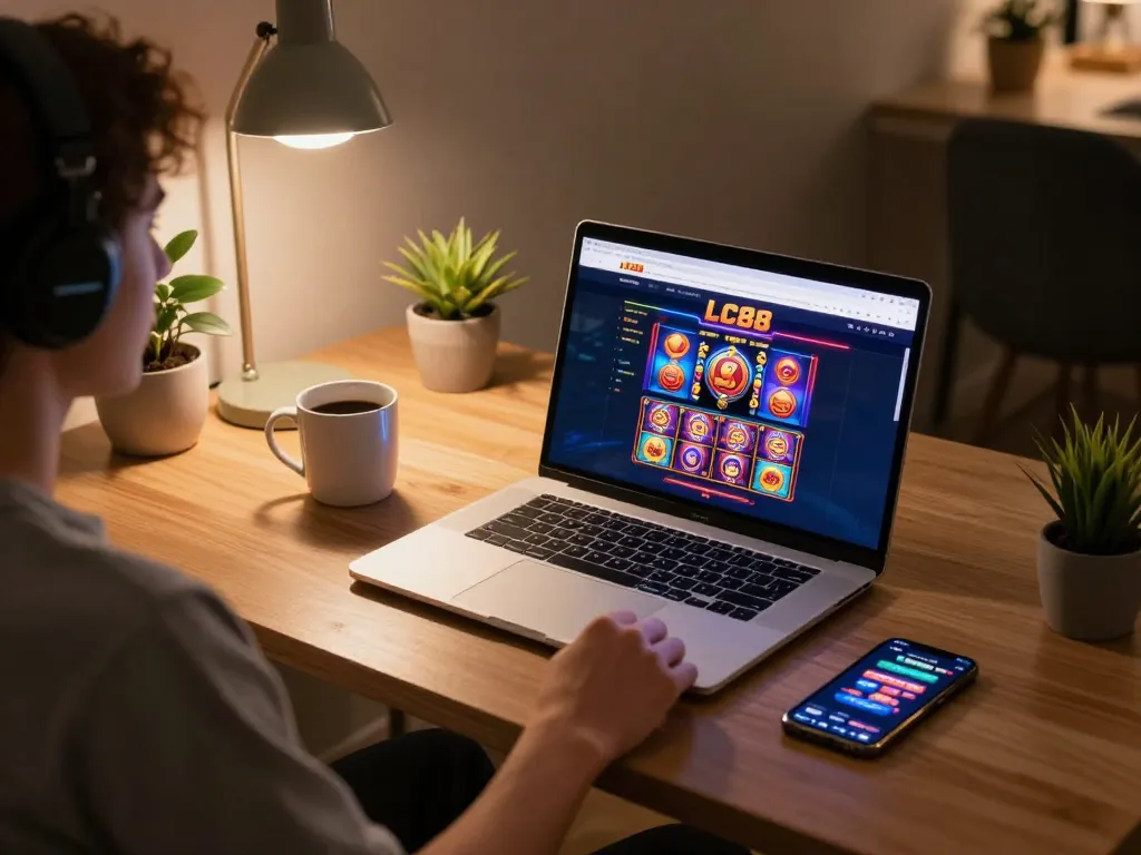 Engaging scene of a player using the LC88 casino interface on a laptop, showcasing the excitement of online gambling.