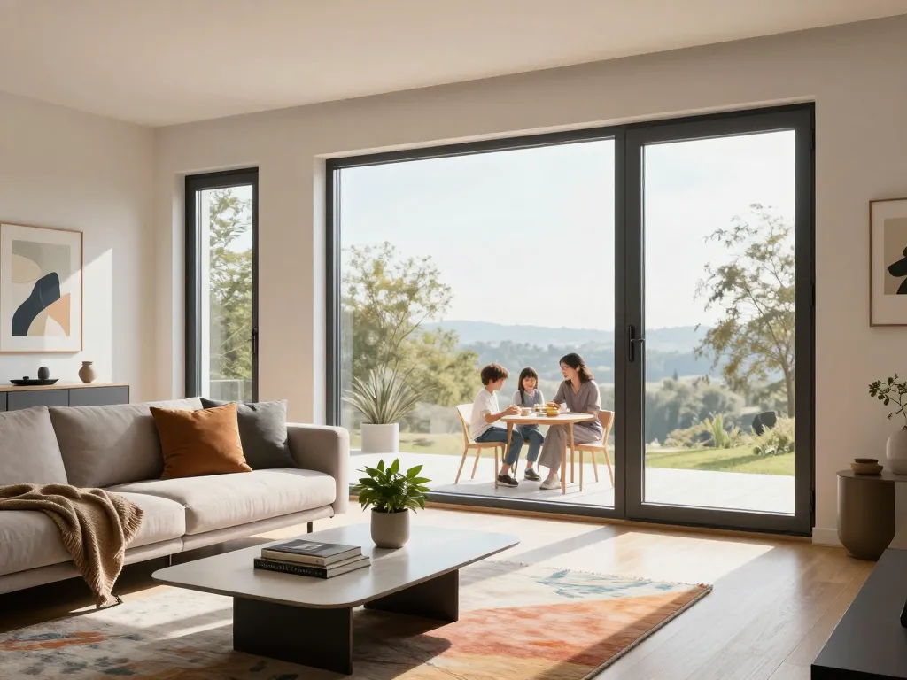 Modernes Wohnzimmer mit Fenster Schüco Fenstern, die Energieeffizienz und natürliches Licht fördern.