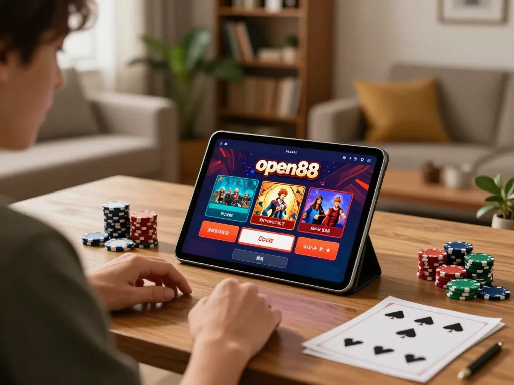 Using the open88 app, a player engages in strategic online casino gaming while enjoying a cozy home office atmosphere.