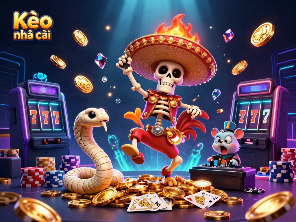 Experience the thrill of Kèo nhà cái with cartoon characters dancing on golden coins in a vibrant casino scene.