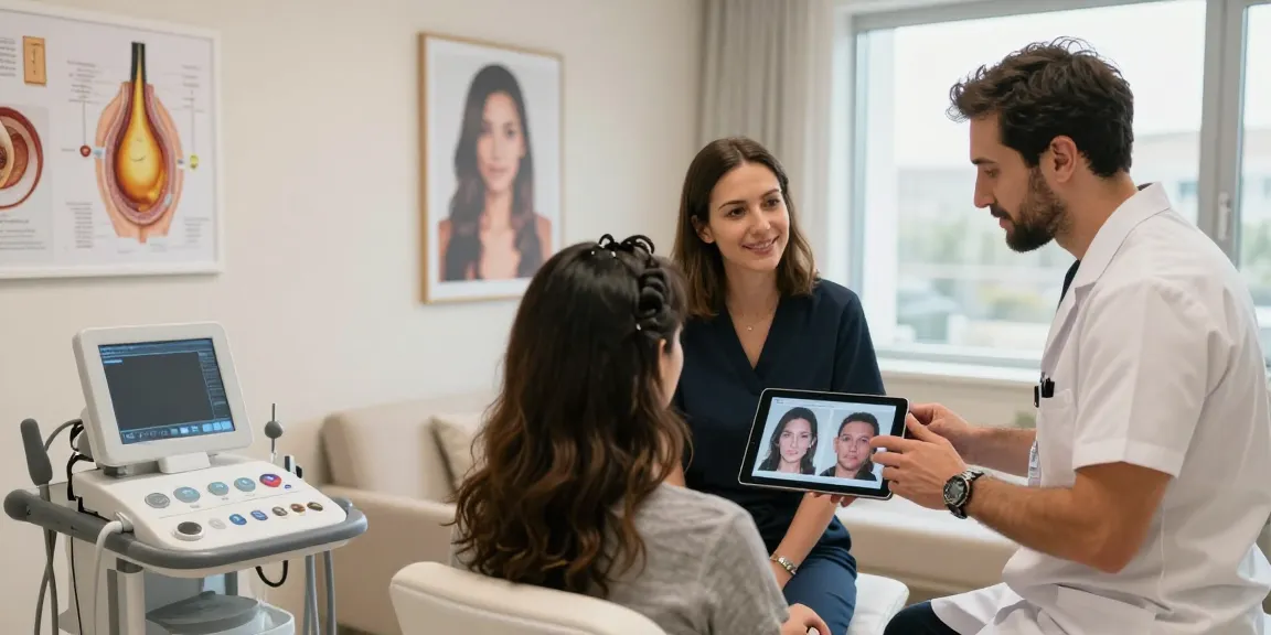 Hair transplant turkey consultation with patient and surgeon in modern clinic setting